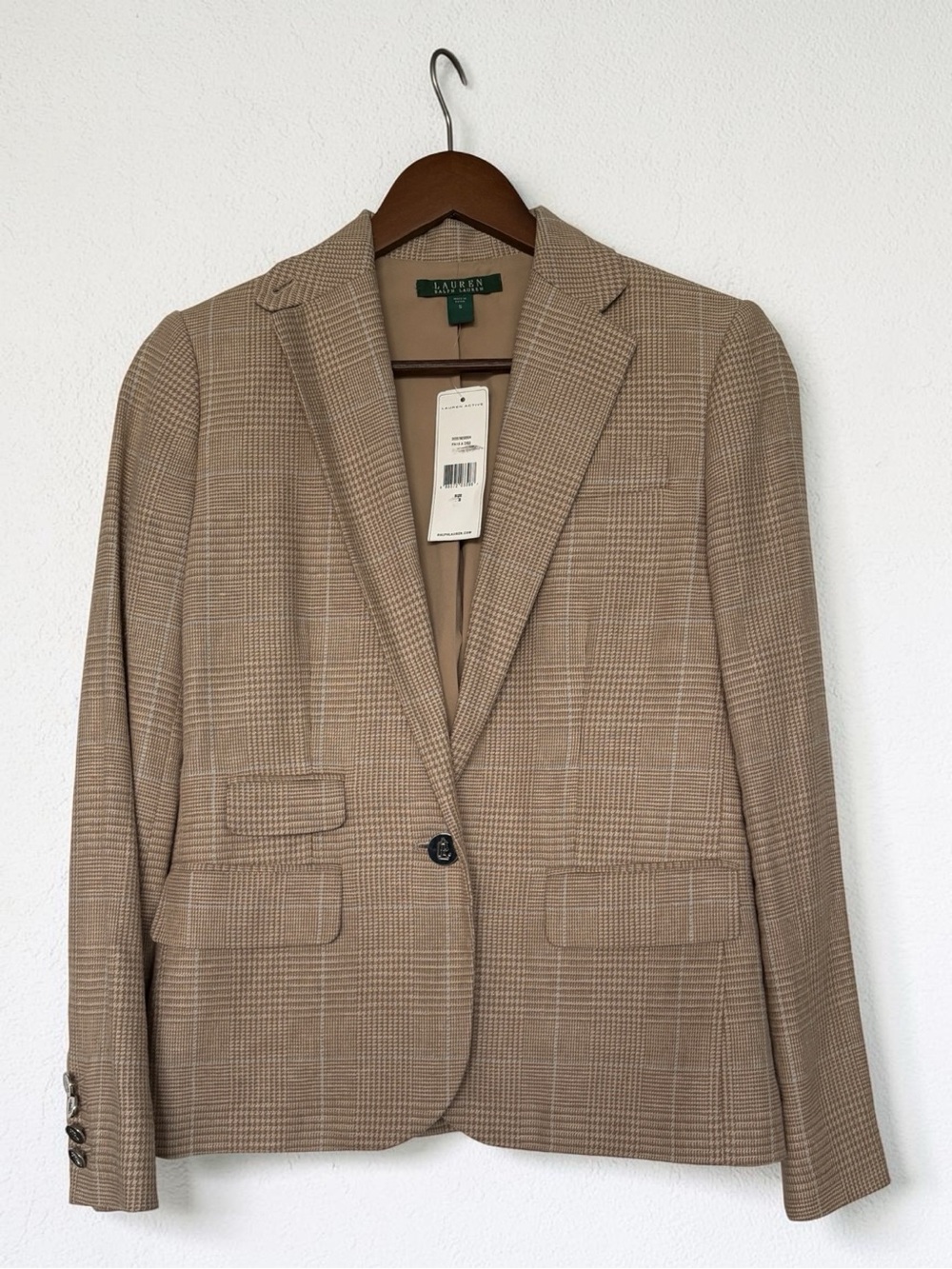 NWT Lauren Ralph Lauren Tan Plaid Blazer Logo Buttons Sz S